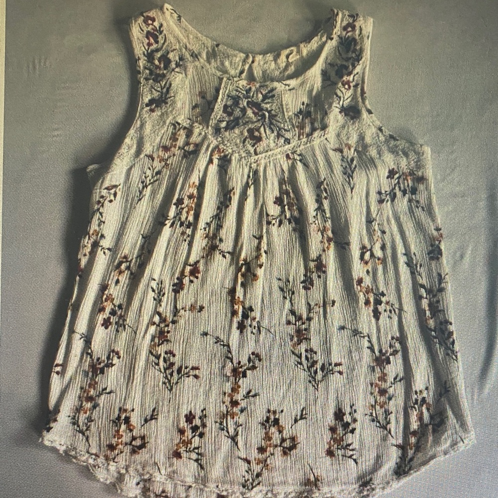 Women’s Floral Sleeveless Tank Top - Cream with Brown Floral Print